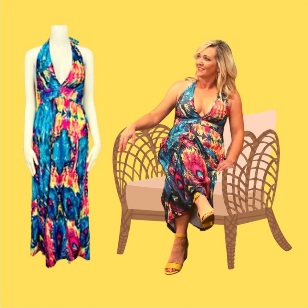 Size M NWT Eunice Lai Multicolor Halter Maxi Dress Abstract Design Summer Party